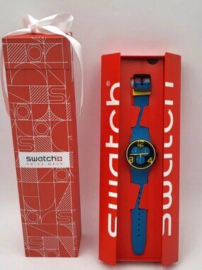 Swatch ON YOUR MARK SUSS100 Blue Yellow Chronograph Swiss Quartz Watch 42mm
